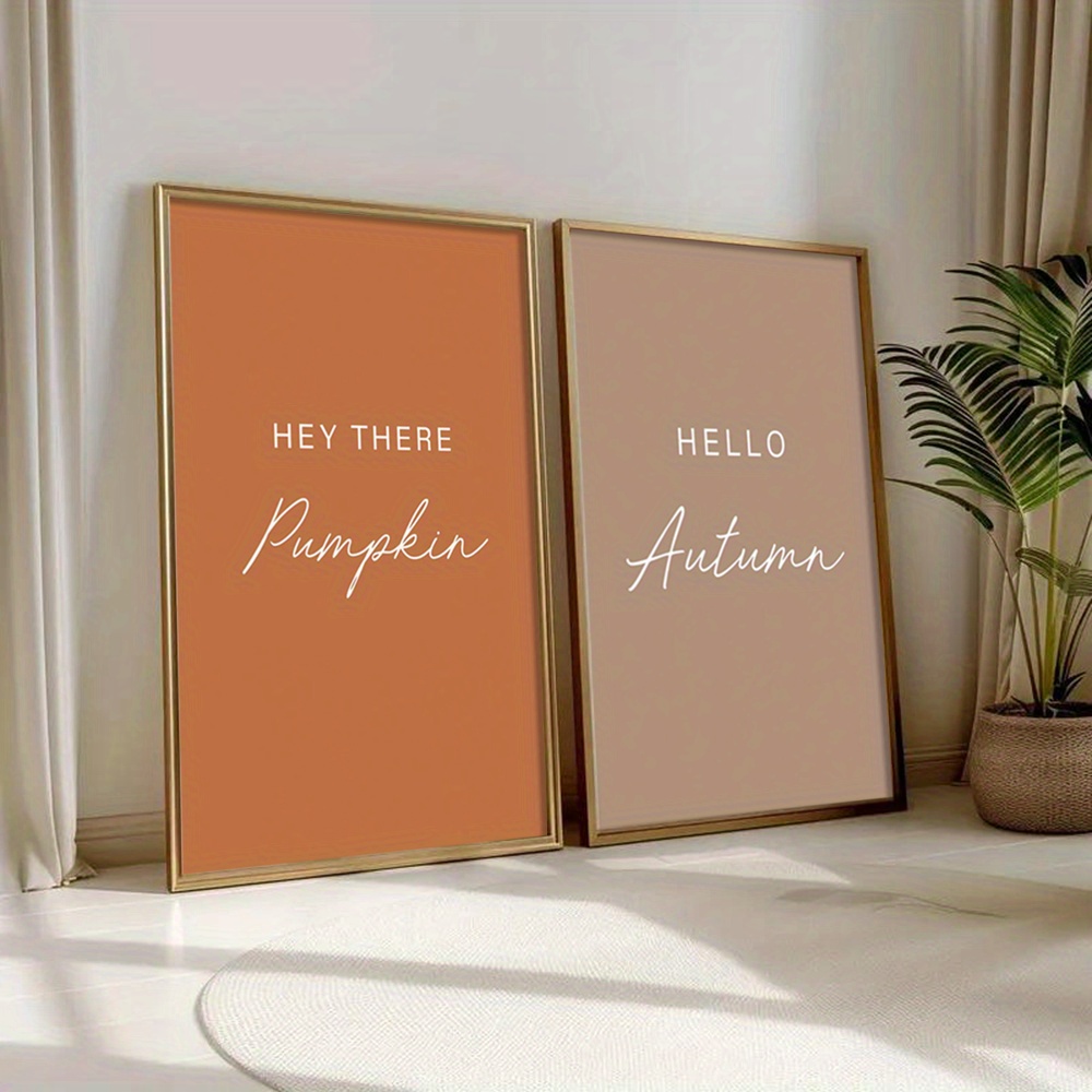 TEMU 2d Flat, 2pcs Hello Autumn Pumpkin Wall - Modern Minimalist Vertical Canvas Paintings Suitable For Fall Decor, Seasonal Greetings, Living Room &