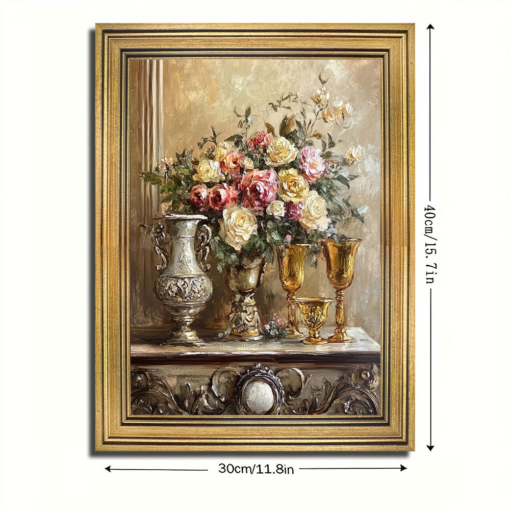 TEMU 2D Plat, Impression sur Toile Vintage Morte Florale, 1 Pièce, Élégant Bouquet de Mural, 11,8"x15,7" avec Cadre Doré, Décoration d'Intérieur,