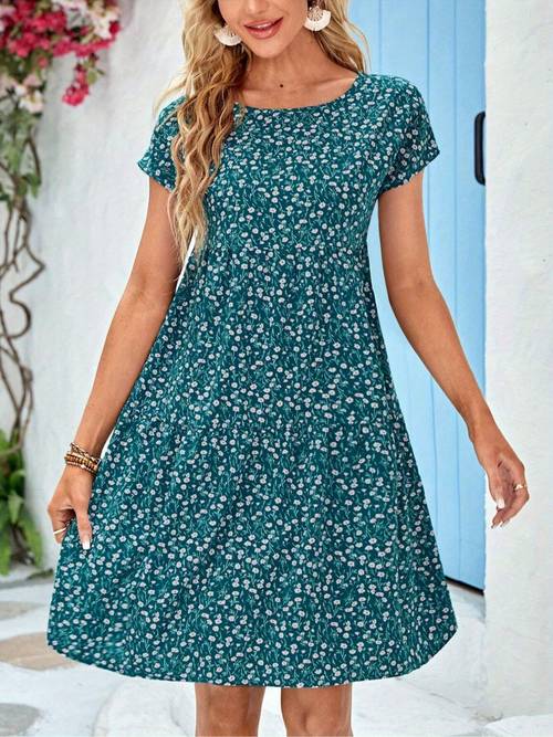womens fashionable and elegant full body printed round neck short sleeved loose dress