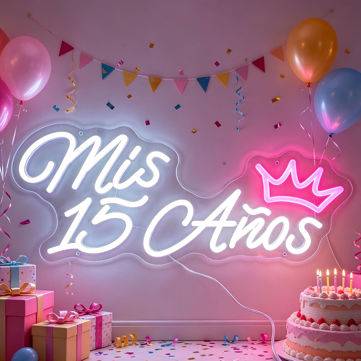 TEMU Letrero de neón LED Mi 15º año | Rosa y , Decoración de pared para 15º , dieciséis, quinceañera, Luz de para de quinceañera, Decoraciones y