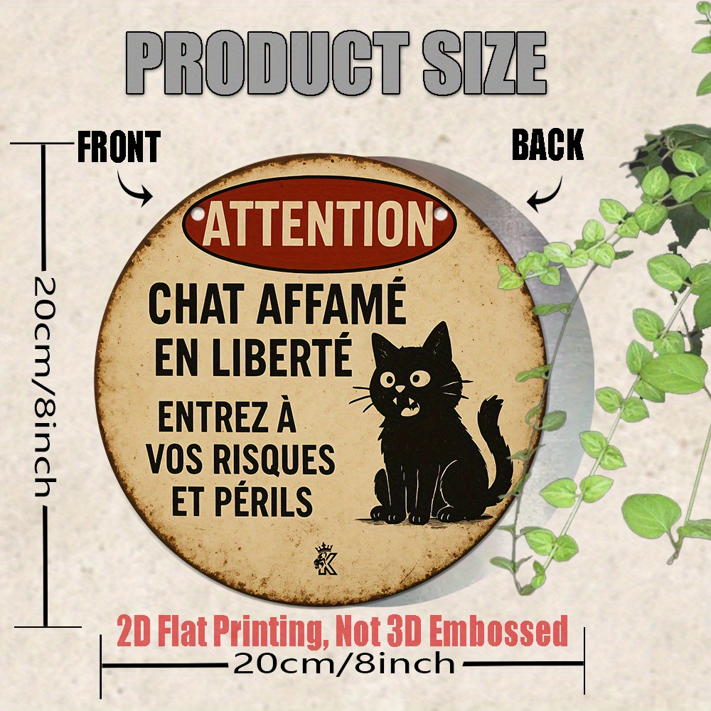 TEMU Plaque Métallique Plate 2D Vintage - 20,32 cm X 20,32 cm, Plaque Rustique Française avec Chat avec Avertissement "Attention Chat Affamé" et
