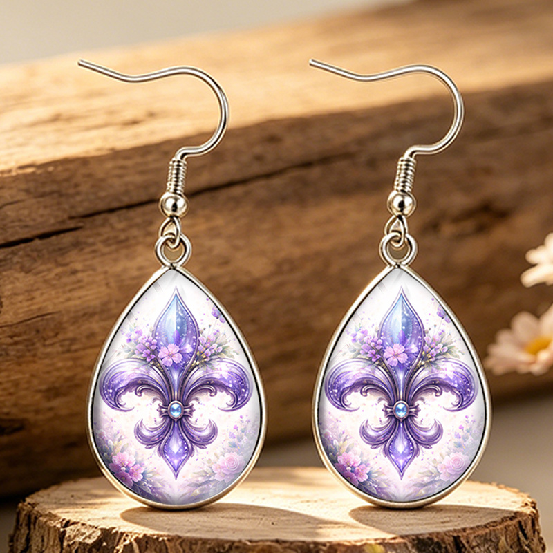 Unisex Purple Iris Flower Tear Drop Glass Cabochon Earrings