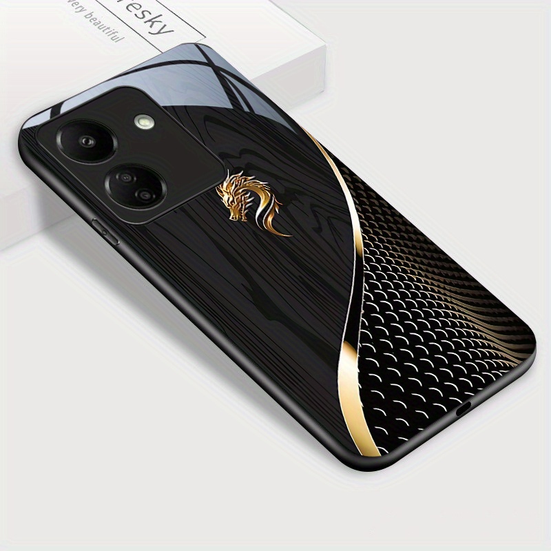 TEMU Fundas para Redmi 13C Poco C65 M6 5G, Carcasa de Vidrio Templado con Diseño de Dorado y de Madera Negra Antigolpes