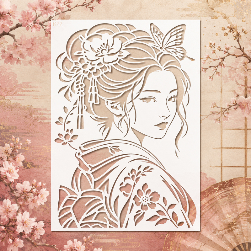 TEMU Kzz Reusable Vintage Japanese Geisha Lady Vertical Stencil, Elegant Traditional Asian Portrait Scene With Kimono Woman, Ornate Floral Updo