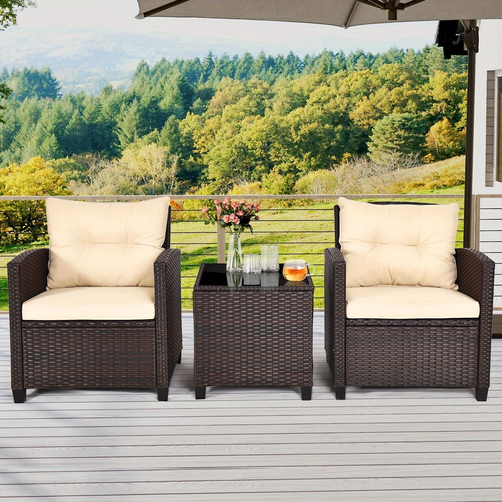 TEMU Multigot Ensemble de 3 Pièces de Mobilier de Jardin en Rotin avec Coussins et Table Basse