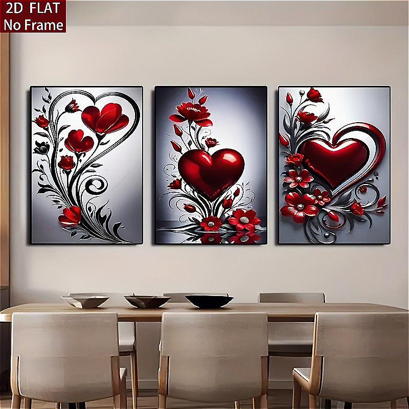 TEMU 2d Flat, 2d Flat, 2d/plane, 3pcs Frameless Canvas Painting, Heart-shaped Theme, Perfect Gift For Girls' Bedroom, Bathroom, Modern Home