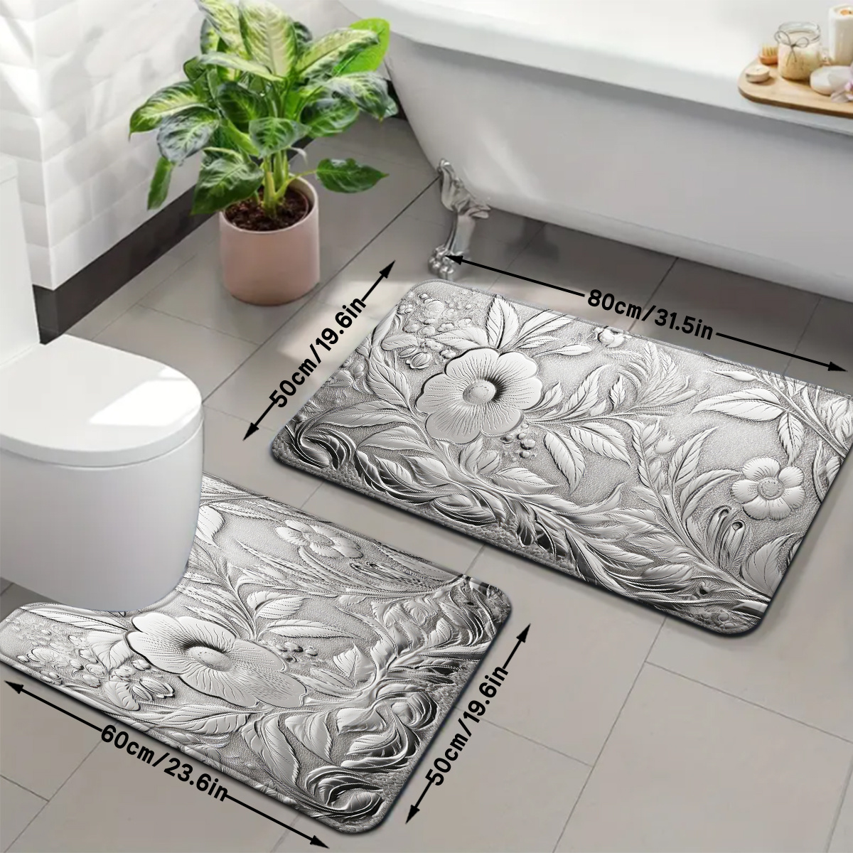 TEMU 2pcs/3pcs Minimalist Gray Background With Gray Floral Pattern Bathroom Mat Set, Absorbent, Includes U-shaped Toilet Mat. Suitable For Kitchen,