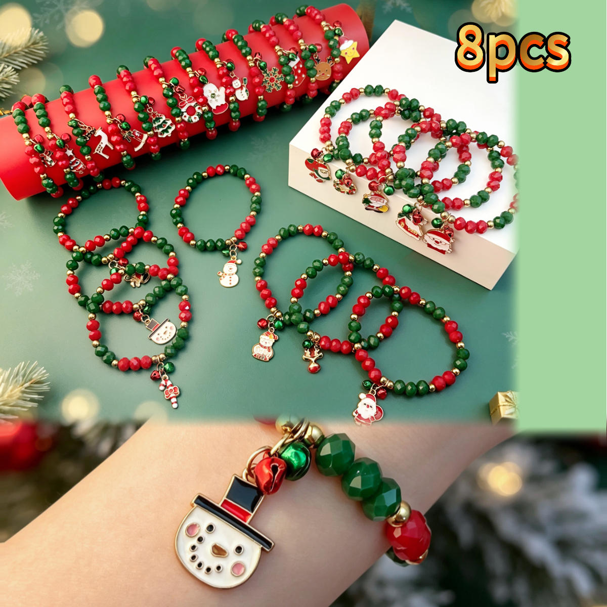 TEMU 8pcs Christmas Classic Contrast Color Glossy Beaded Stretch Bracelet Set, Available With Santa Claus, Snowman, Christmas Tree, Wreath, And Other