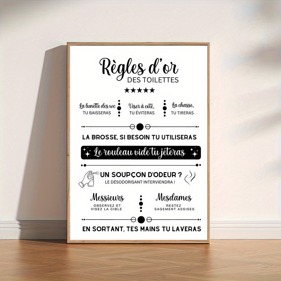 TEMU Affiches et plates 2D, 1 affiche de règles de toilettes de style français plates 2D, convient aux de bain pour hommes et femmes - Panneau de