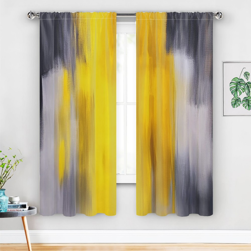 

2pcs Abstract Art Blackout Curtains - Yellow And Grey, Polyester Drapes For Bedroom, Sizes 21.65x59/41.34x82.68/44.5x90.55 Inch, Window Curtains