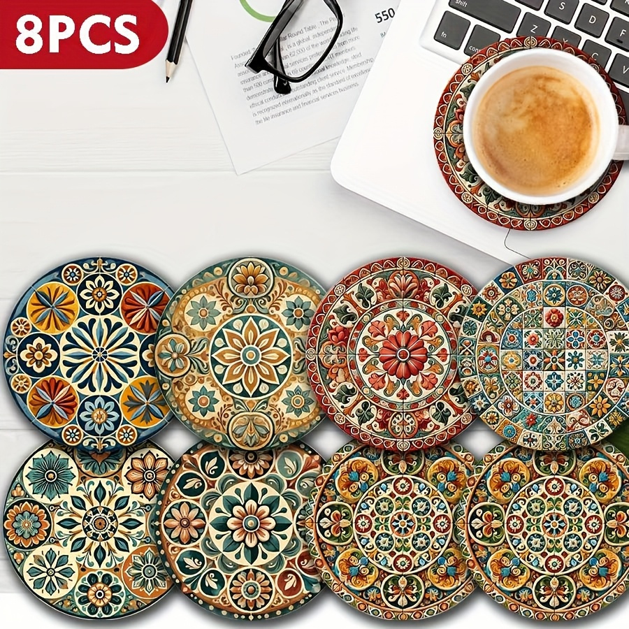 E-shop 8-teiliges Set marokkanische Mandala Holz Untersetzer, Dekorative Untersetzer für Kaffee, Tee und Getränke, für Zuhause und Restaurant, Ideales