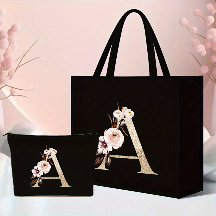 TEMU 2pcs Flower Letter Pattern Tote Bag Set - Lightweight Burlap With Adorable Coin Purse - Perfect For Shopping, Travel & Beach - Durable &
