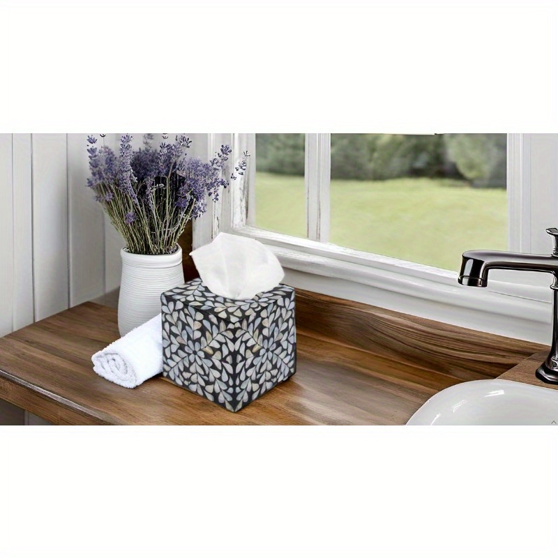 5.9 cube   tissue box cover - elegant black &  -like leaf pattern decorative napkin dispenser organizer, rustic farmhouse vintage tabletop decor for kitchen, bathroom, office - durable countertop storage with easy-access tissue holder (no clutter design), tissue box holder, facial tissue holder, kleenex box holder, kleenex box cover Product details 2