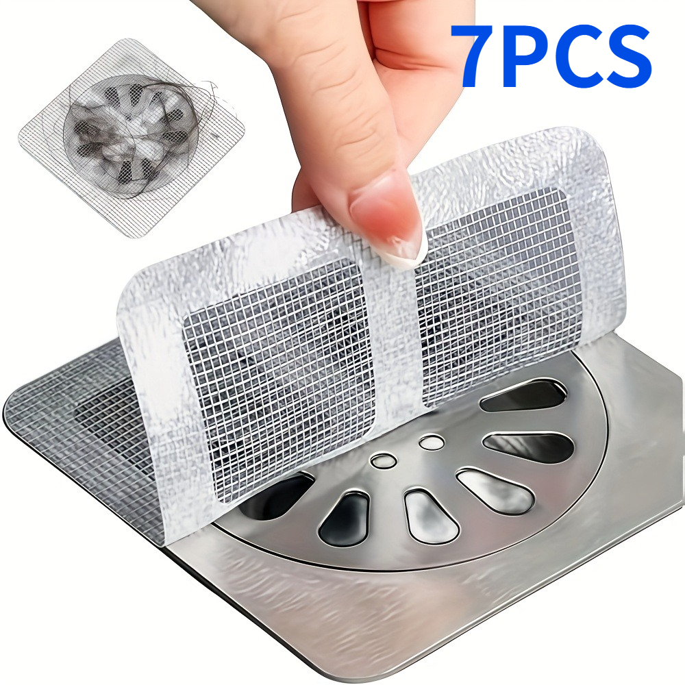 TEMU 7pcs Pack Adhesive Bathtub Drain Hair Catcher Suitable For Shower Sink Drain Cover, Plastic Mesh With Grid Cover, Disposable Hair Collector For