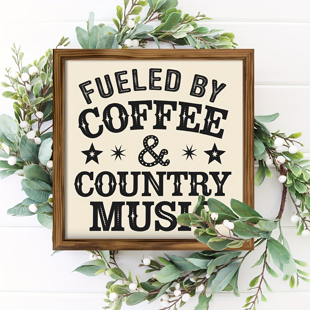 TEMU 1pc Rustic Wood Wall Sign Suitable, Farmhouse, Decor - Vintage Country Music & Coffee Plaque With Wood Frame, Square Retro Hanging Decoration