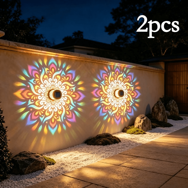 TEMU 1-Pack/2-Pack Solar Decoratieve Buiten Projector Wandlamp, Warme Kleur Mandala LED Licht, IP65 Automatische Lichtsensor, Altijd Aan 's Nachts,