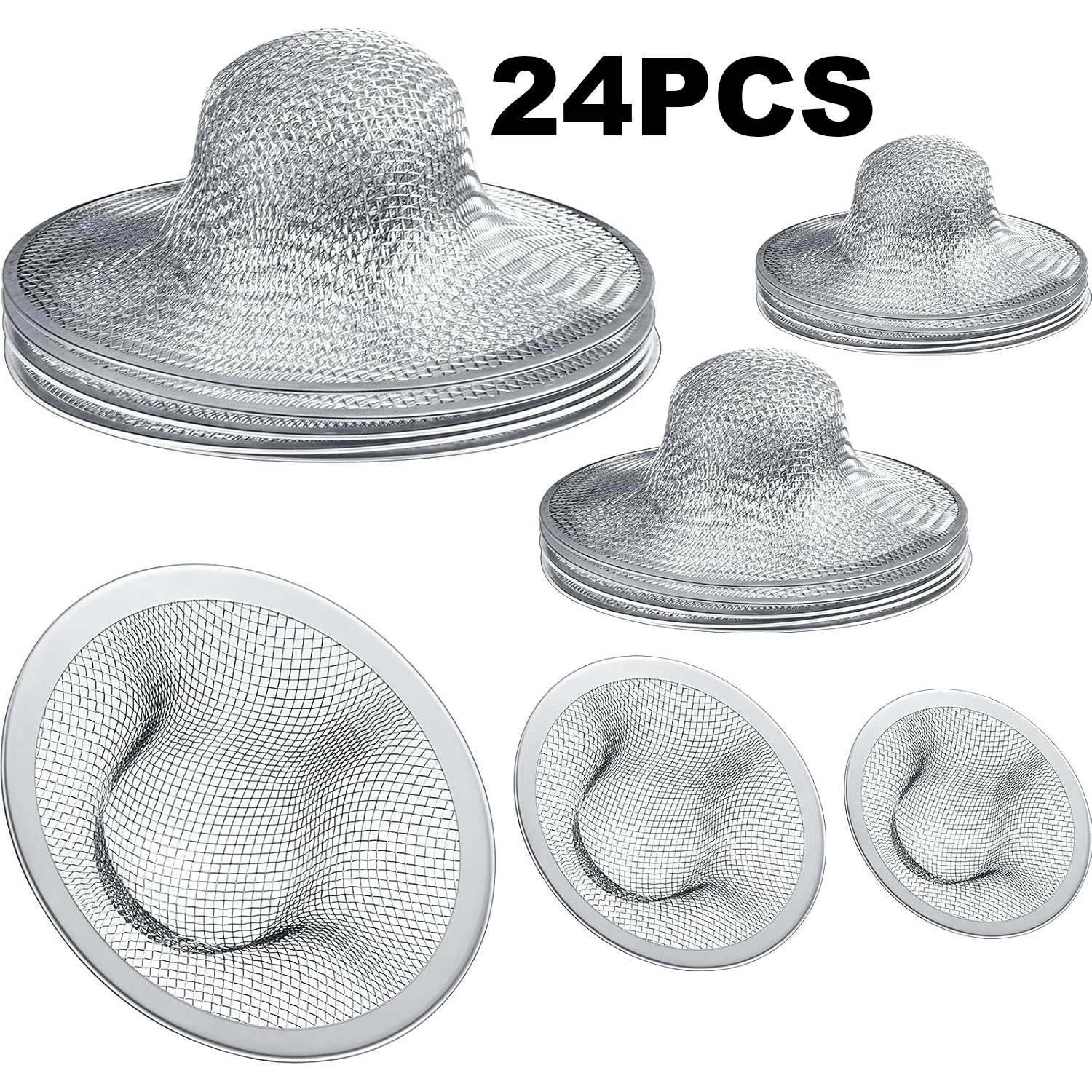 Set Of 24 Stainless Steel Sink Strainers In 3 Sizes (4.5, 2.75, And 2.25 Inches) For Kitchen, Bathroom, And Bathtub Drains&mdash;prevents Clogs
