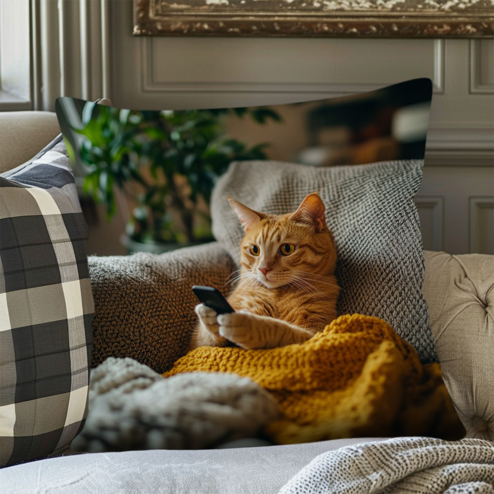 1pc vintage style throw pillow cover with adorable cat phone design durable polyester double sided print zipper closure machine washable ideal for living room sofa decor cat decor Product details 5