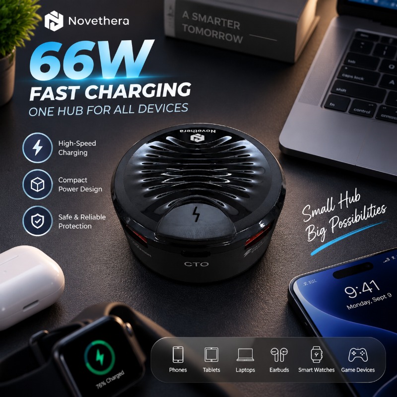 TEMU Station de charge USB 8-en-1 avec rangement de câble intégré, de charge rapide 66W, 6 ports USB-A et 2 ports USB-C pour téléphones, tablettes,