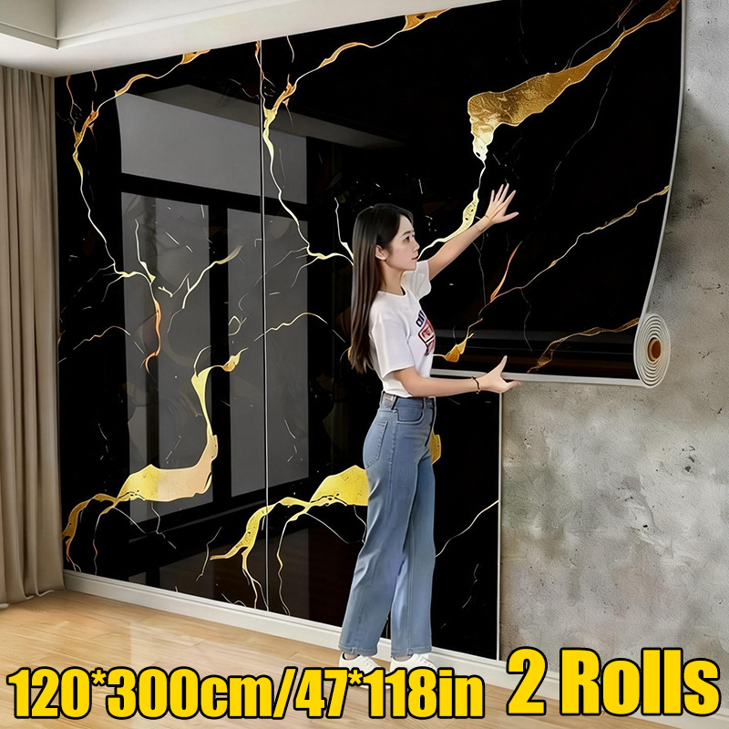 2rolls 300*120cm/118*47in Self Adhesive Glossy Imitation Marble Wall Sticker, 3d Three-dimensional Wall Panel Hanging Decorative Tiles, Waterproof And, Universal For Kitchen, Bathroom And Balcony