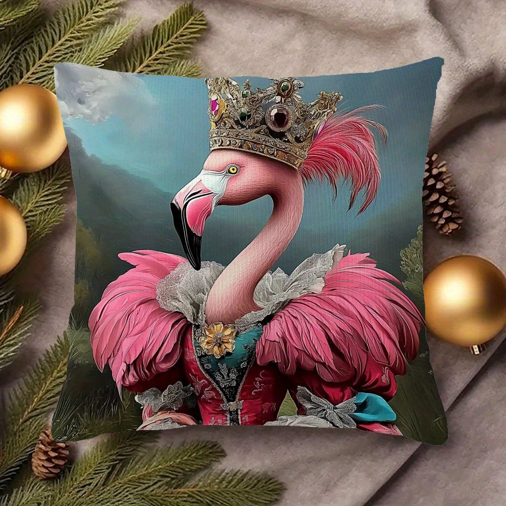 TEMU 1pc Vintage Style Pink Flamingo Pattern Pillowcase With Crown And Renaissance-style Dress Pattern - Single-sided Print, Soft Short Plush Pillow