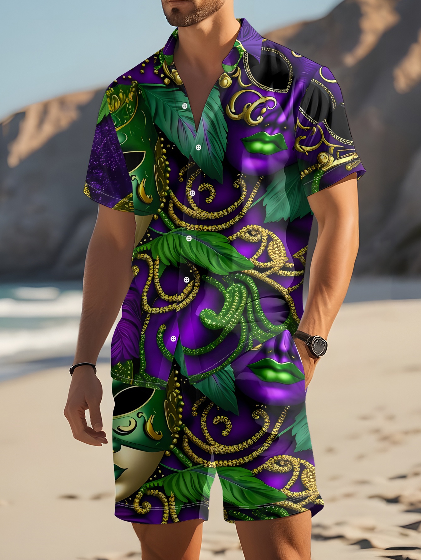 conjunto de camisa de manga corta y pantalones cortos de poliéster para hombre, estampado de máscara de carnaval  , verde y dorado, moda individual transpirable, ropa   para fiestas, conjunto de moda para hombre