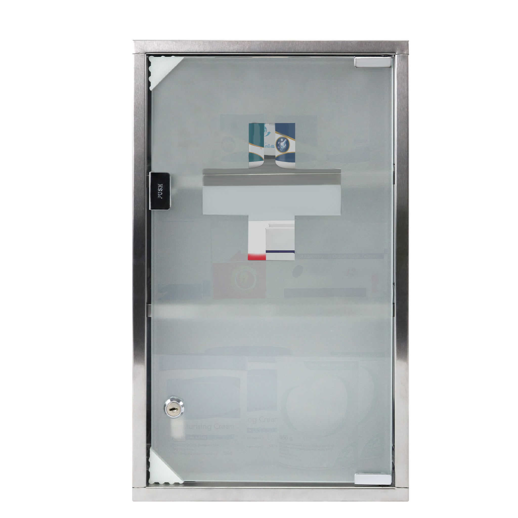 Image of Medicine Cabinet With Lockable Compartments And Frosted Glass Doors, Suitable For Storing Household Medicines And Ointments