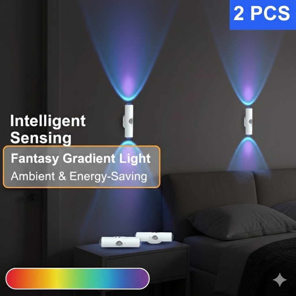 E-shop 1, 2er-Pack RGB Smart Sensor Wandleuchte: Doppelkopf Katzenaugen-Lichteffekt, kabellose magnetische Installation | Multicolor-Dimmen &