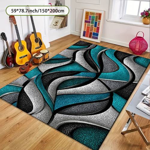 a luxurious rug featuring turquoise blue and black abstract metallic designs incorporating turquoise black gray white golden and in suitable for living rooms bedrooms indoor use and festive daily decor
