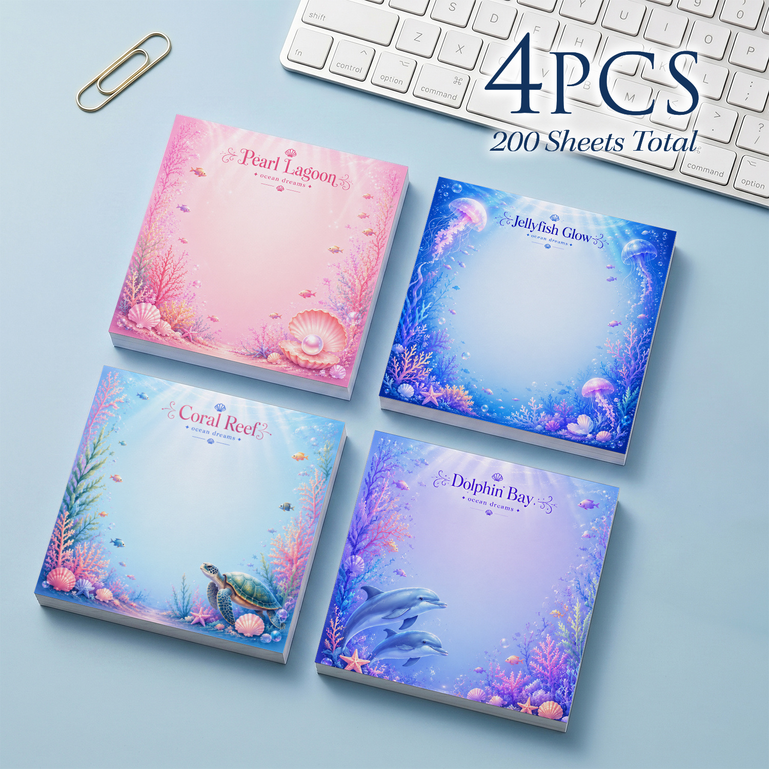 TEMU 4pcs Sticky Notes, 3x3 Inch Decorative Memo Pads, 200 Sheets Total. Featuring Pearl, Jellyfish, , Sea Turtle, And Dolphin Designs In Pastel