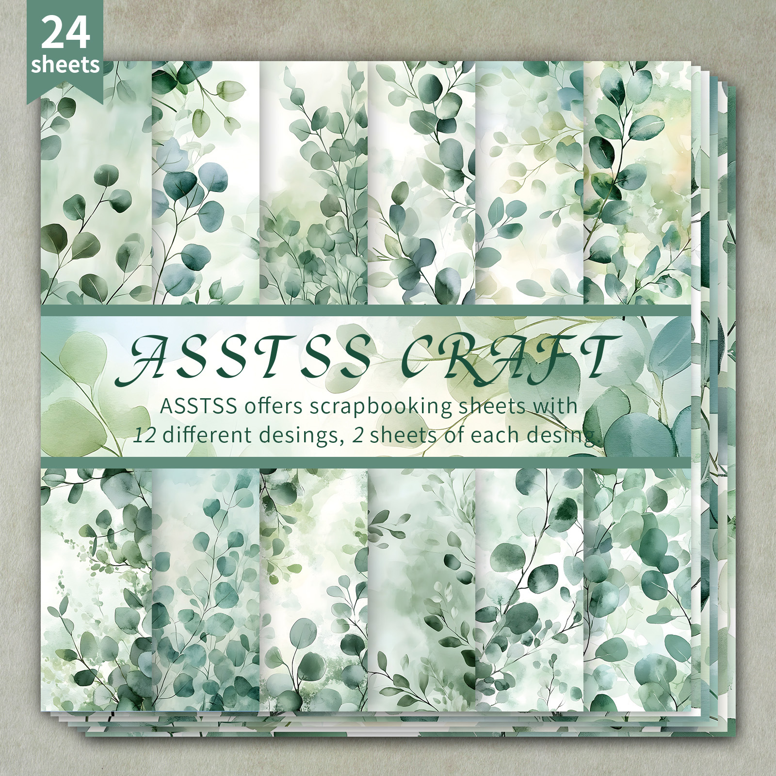 TEMU Un bloc de papier de scrapbooking de 24 feuilles avec des d'aquarelle d'eucalyptus, fabriqué à partir de carton épais adapté au journaling, à de