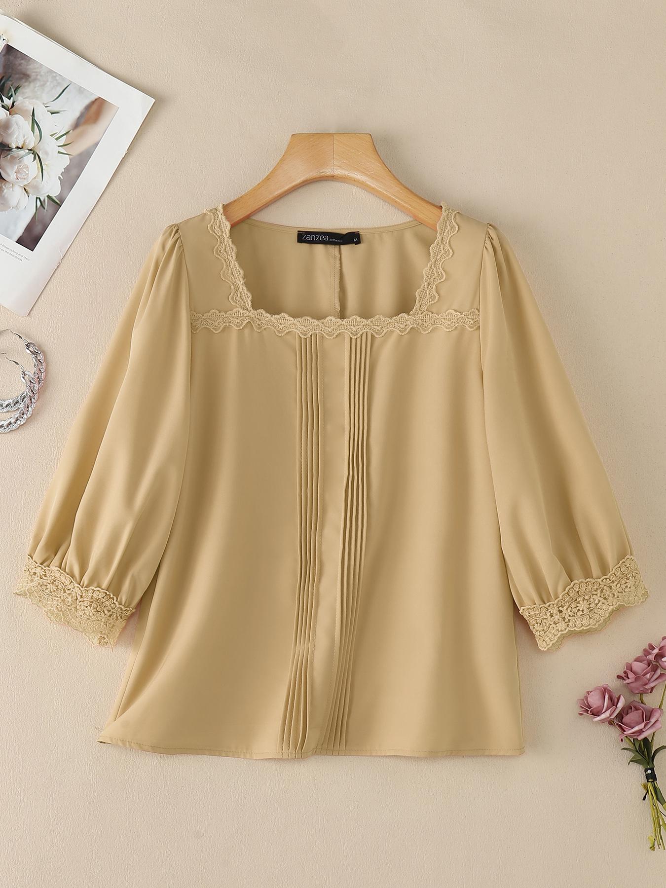 plus size   women plus size elegant blouse shirt lace   square neck blouse top 3 4 sleeve baggy blouse design lightweight suitable for   casual office wear machine washable spring summer fall solid color blouse