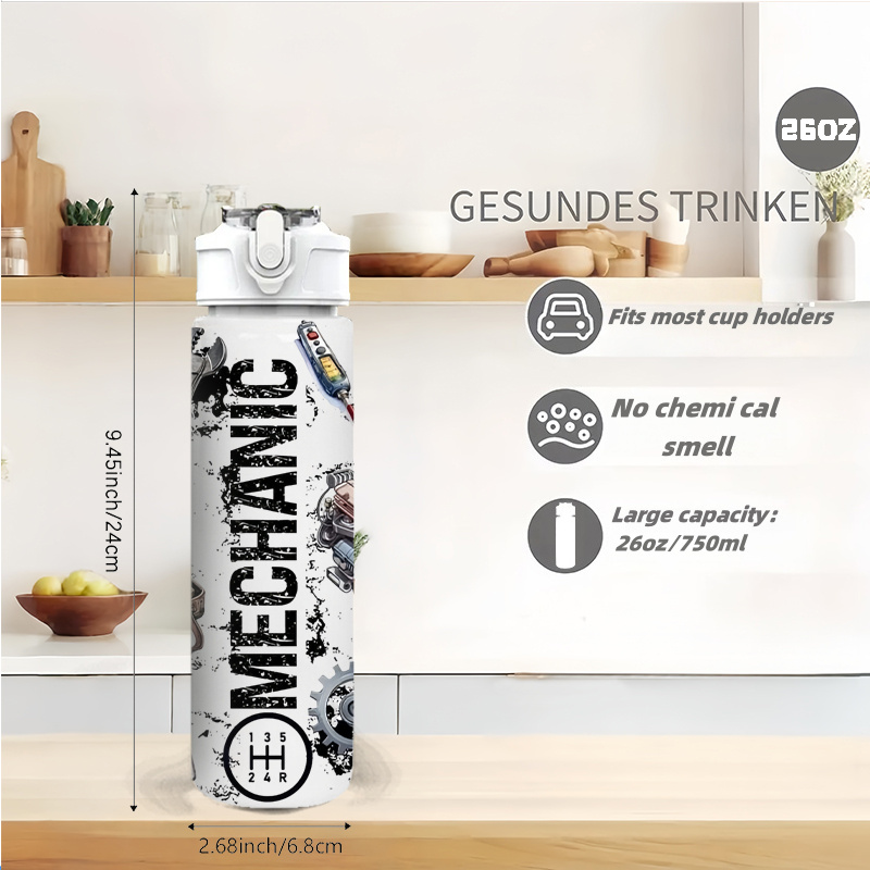 1 bouteille d'eau sur le thème de la mécanique avec motif d'outils - 750 ml/26 oz, couvercle à levier étanche, plastique durable pour salle de sport, sport, voyage, yoga, course à pied - Construction robuste pour la maison et l'extérieur