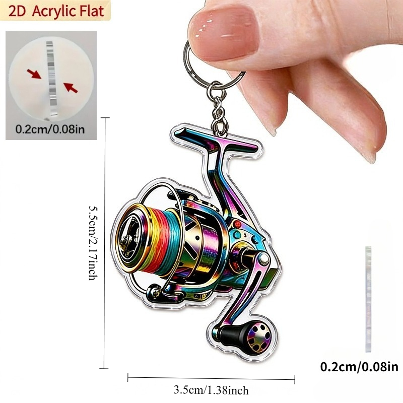 TEMU 2d Flat, 2d Flat Acrylic Colorful Fishing Reel Keychain, 1pc, Stylish Charm For Fishing Enthusiasts, Backpack & Key Ornament, Lovely Christmas