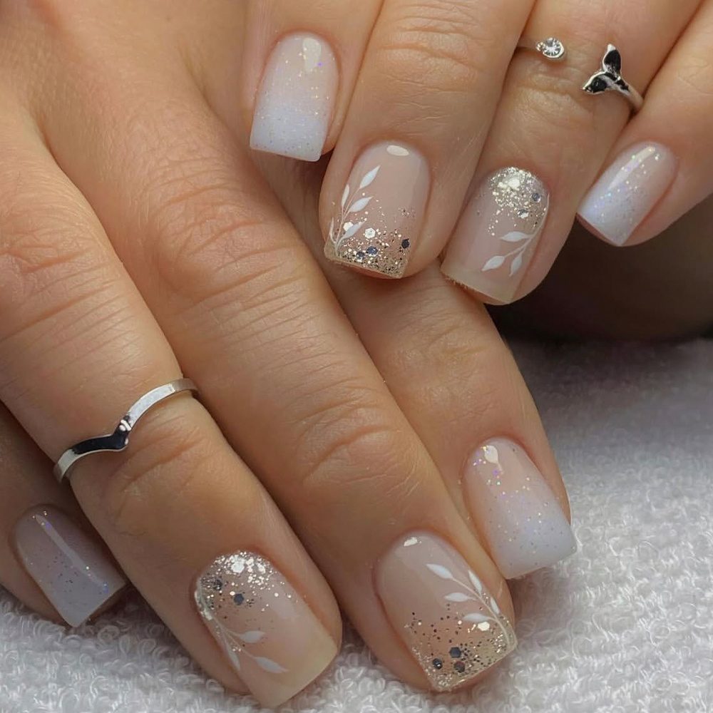 TEMU 24pcs Elegant Fashion Short Square Press-on Nails Glossy White Nude Leaf Gradient Glitter Design Fit Perfectly Fake Nails Kit Full Cover False