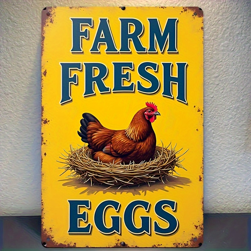 TEMU 2d Flat, 2d Flat Vintage Eggs Aluminum Sign 8x12 Retro Decorative Plaque With Chicken Rustic Yellow Wall Art For Bar For Man Cave Garage Office