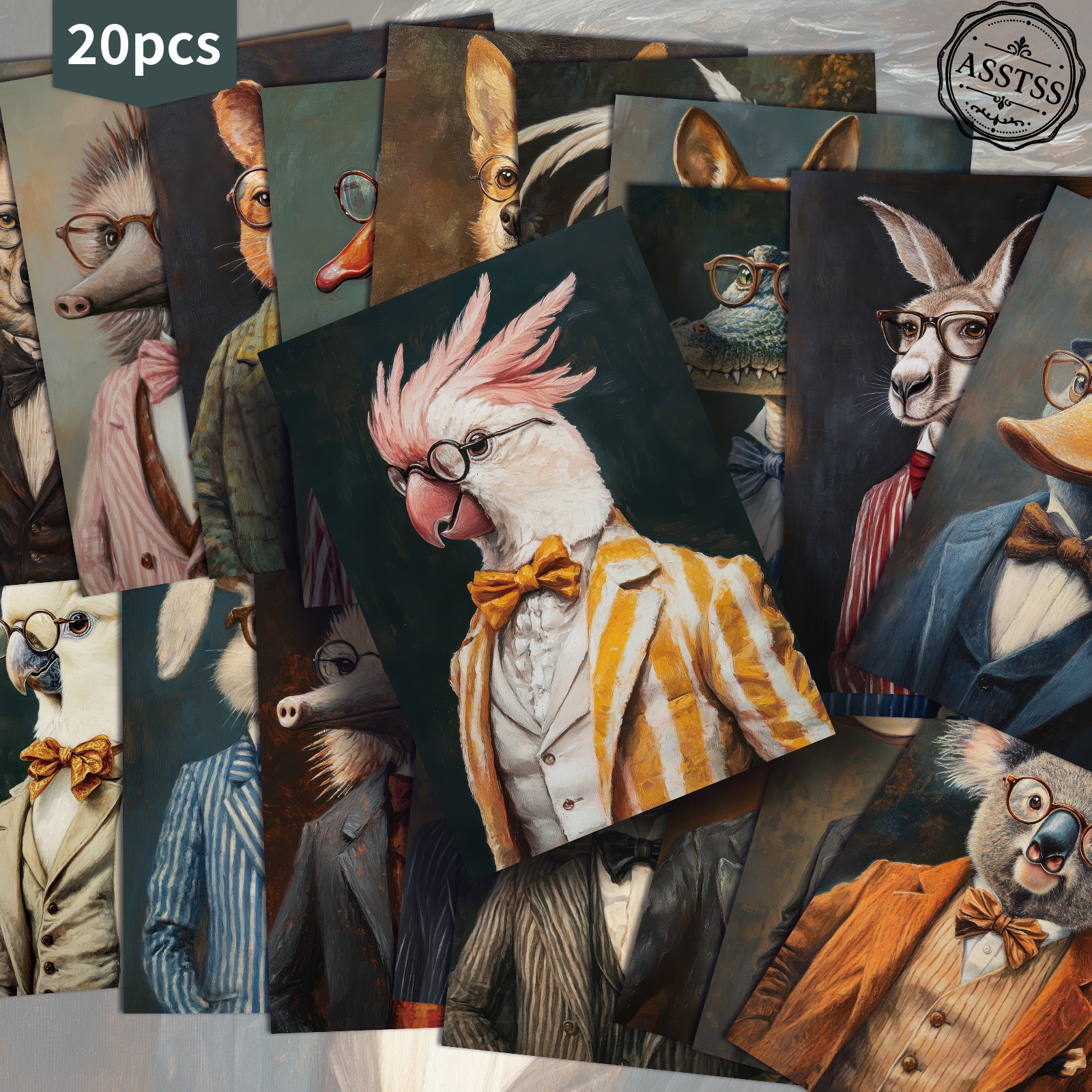 TEMU Lot de 20 cartes postales ASSTSS Vintage d'animaux anthropomorphes - 4X6 pouces, fournitures de journal rétro, illustrations classiques, cartes