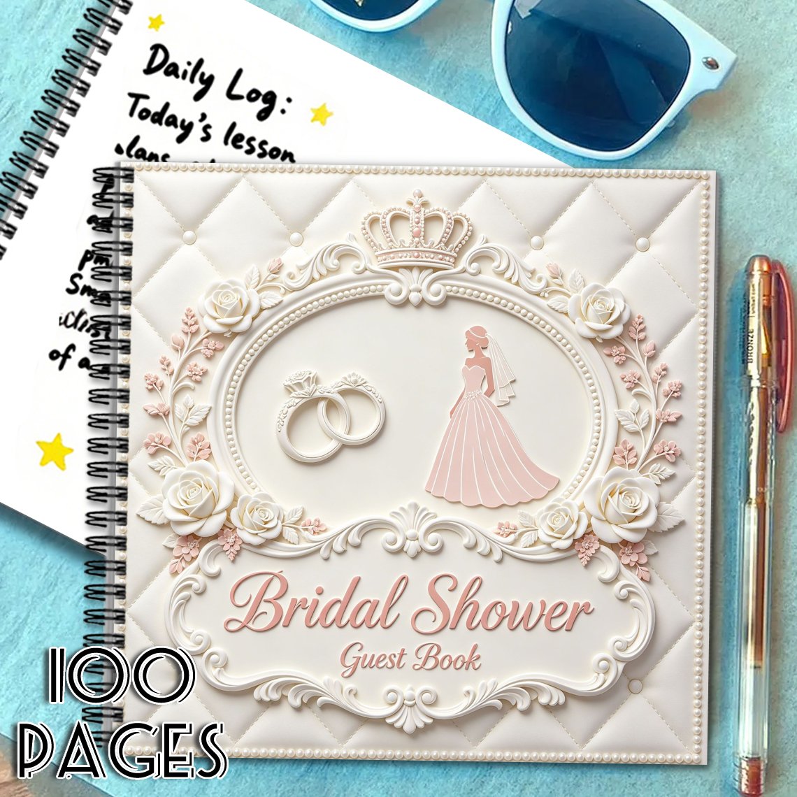 TEMU 1pc 'or de fête prénuptiale Élégant Crème Couronne Florale Décor Signature Carrée Livre de Messages, Cadeau Idéal pour , Convient aux Événements