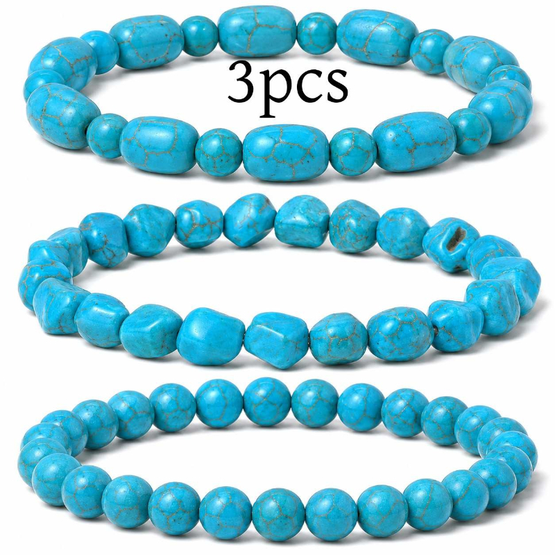 TEMU 3pcs Irregular Bead Natural Turquoise Textured Beaded Bracelet, Unisex, Irregular Beads With Beads And Round Beads Stretch Bracelet, Bohemian