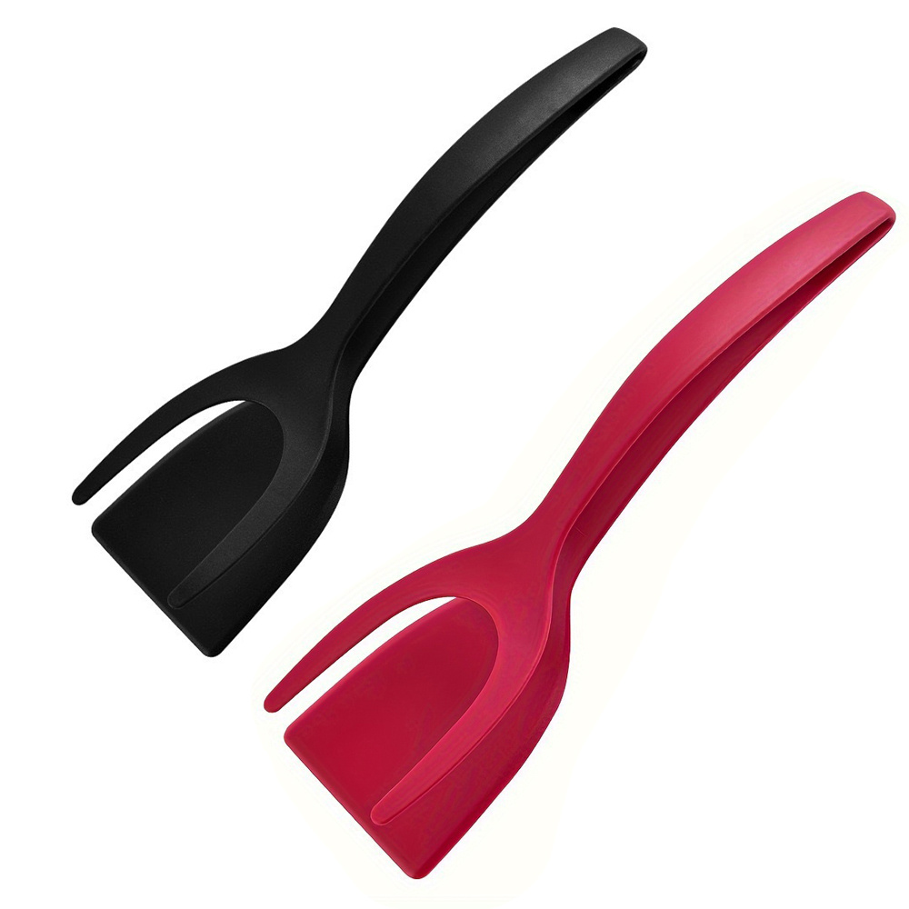 Image of 2pcs Bbq 2-in-1 Egg Spatula And Grill Tongs - Multi-functional Food Flipping Tool, Suitable For Steak, Bread, Pancakes, Etc. - Durable, Kitchen Gadget, In Red, Black, Gray, Baking And Kitchen Utensils
