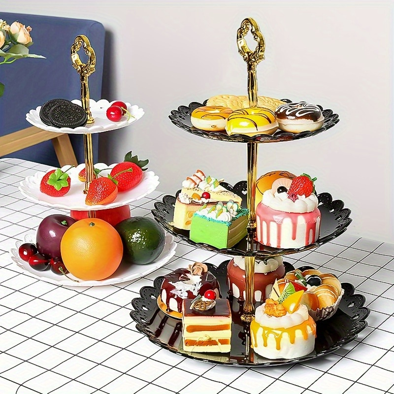 

Support à Gâteau Élégant de Style Européen à 3 Niveaux - Plateau à Desserts en Plastique Noir avec Bord Doré, pour les Fêtes, , Anniversaires, Thanksgiving, Halloween, Pâques & Décoration de Noël