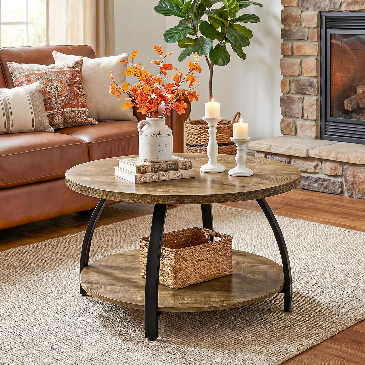 Image of -inch Round Wooden Coffee Table With Dual Storage Shelves, Rustic Small Circular Cocktail Table For Living Room, Easy Assembly, Brown And Black End