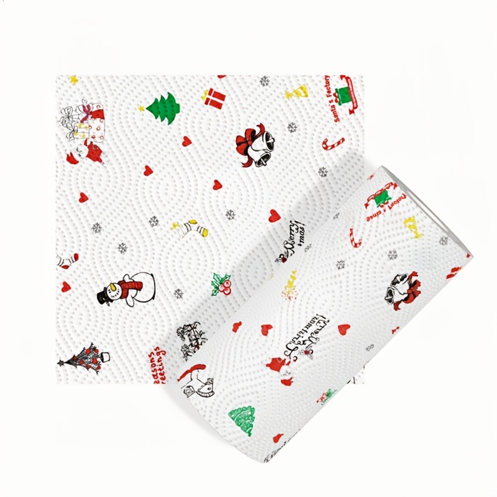 TEMU Christmas Kitchen Paper Towels, Thickened 3-layer Roll Paper, Disposable Kitchen And Wet Dual-use Household Thickened Roll Paper, , Disposable