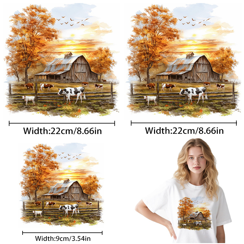 TEMU 3 pièces d'autocollants thermocollants paysage de ferme, patchs à repasser DIY avec design vache laitière et au coucher , adaptés pour sacs à
