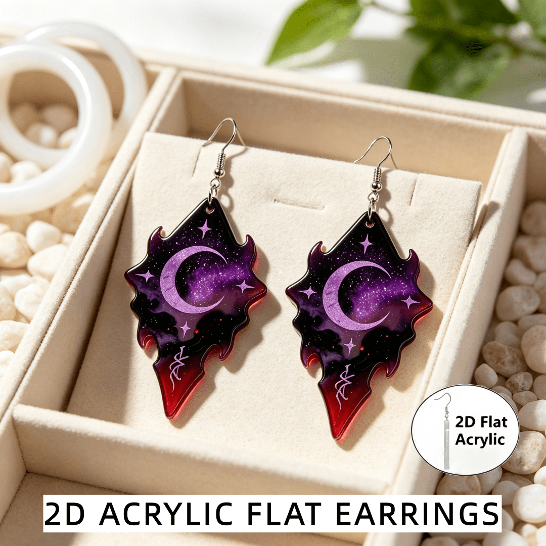 Gothic Crescent Moon & Star Dangle Earrings, Purple Galaxy