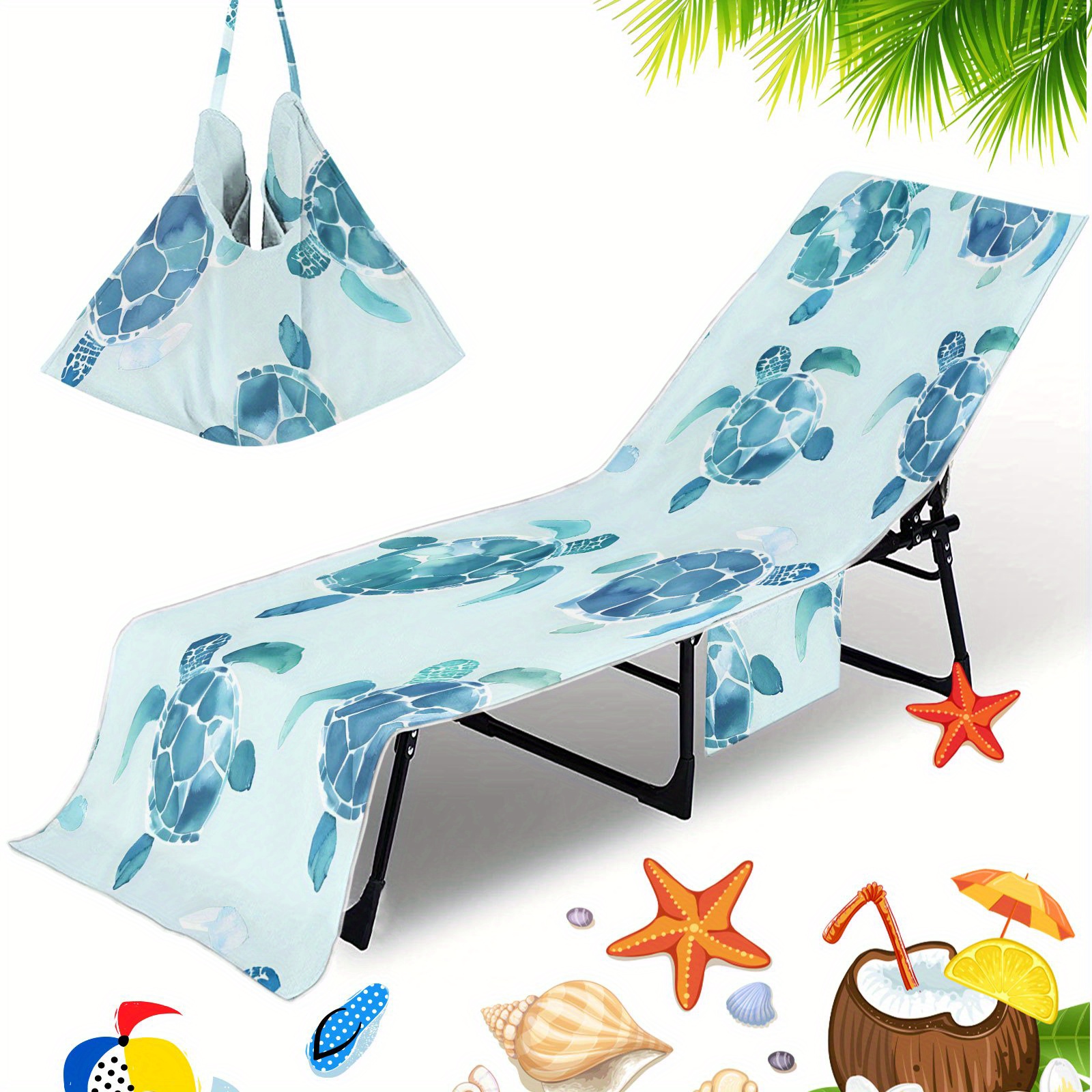 TEMU 1pc Turtle Pattern Beach Towel With Side Pocket, Microfiber Lounger Cover, Suitable For Sunbathing And Pool Use, Easy To Carry, Anti-slip,