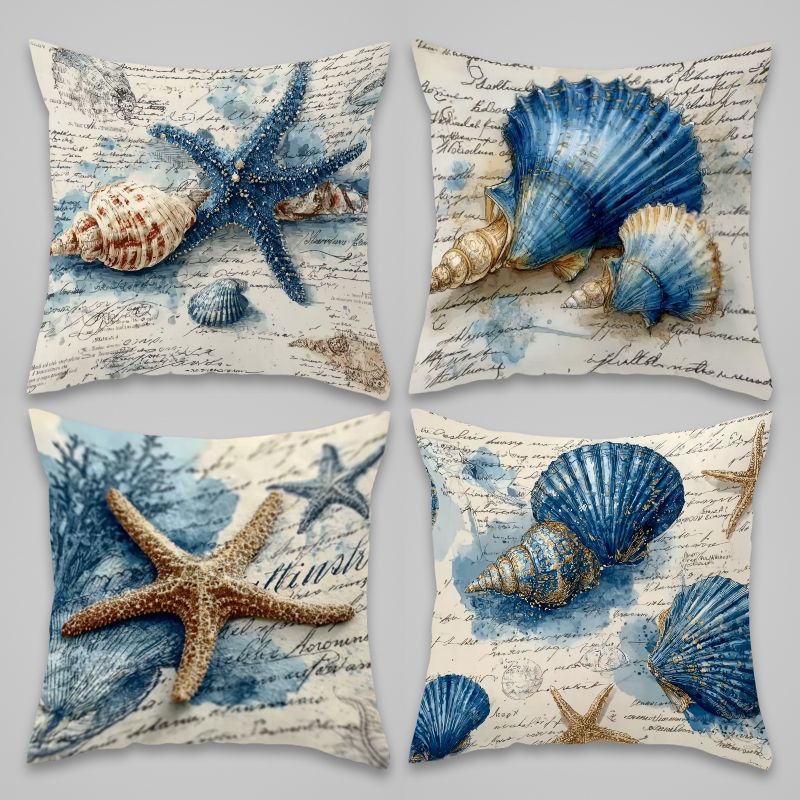 TEMU 4pcs Daily Theme Retro Ocean Pillow Cover, Retro Paper Cushion Cover, Very Suitable For Living Room, Bedroom, Car And Home Decoration, Living