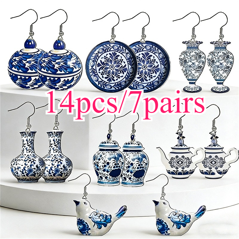 TEMU 14 stuks/7 stuks dames oorbel set van acryl en porselein, en kleur hanger oorbellen, alle seizoenen, geschikt voor Halloween, Kerstmis,