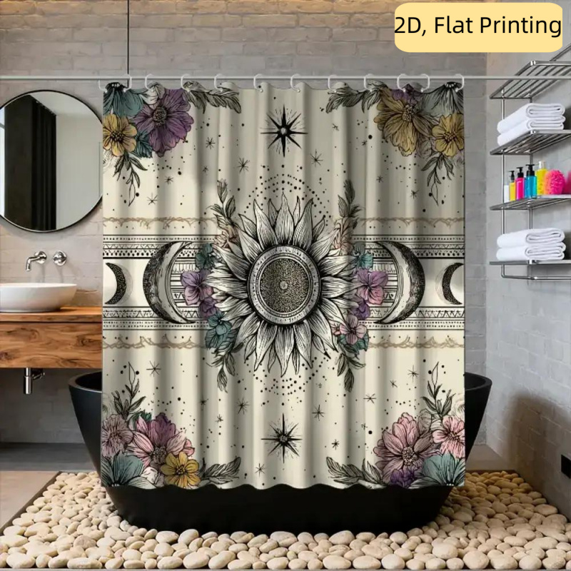 TEMU 2d Flat, 2d Flat, 1pc 2d Shower Curtain, Ethnic Design, Anniversary Shower Curtain, Includes 12 Hooks, Bathroom Curtain For Home Decor