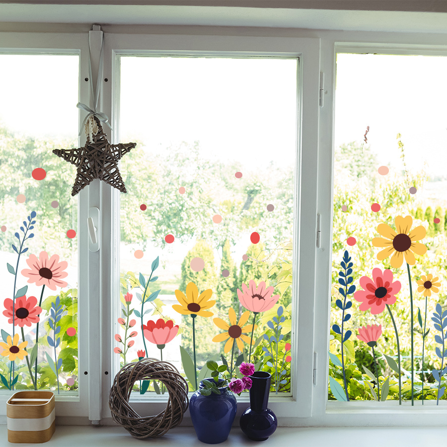 E-shop 2 Stück Bunte Blumen-Fensteraufkleber, Wiederverwendbare Statische Aufkleber, Doppelseitig Bedruckte PVC-Dekorationen, für Schlafzimmer,